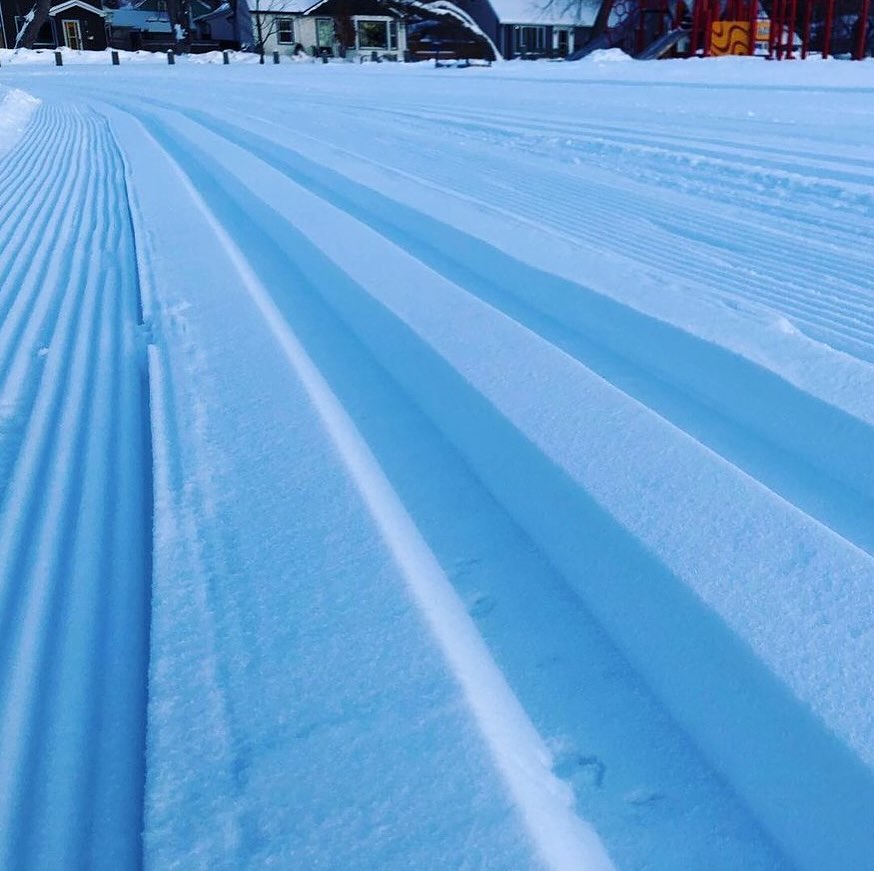 A close-up perspective of a freshly groomed snow track, likely prepared for cross-country skiing. The parallel grooves are neatly pressed into the snow, creating a corduroy pattern, indicative of good conditions for skiing. The blue hue of the snow suggests it could be either early morning or late afternoon. In the background, residential houses and what appears to be a playground can be seen, partially obscured by the perspective of the ski track. The sky is not visible, but the ambient light is soft and diffuse, typical of snowy environments.