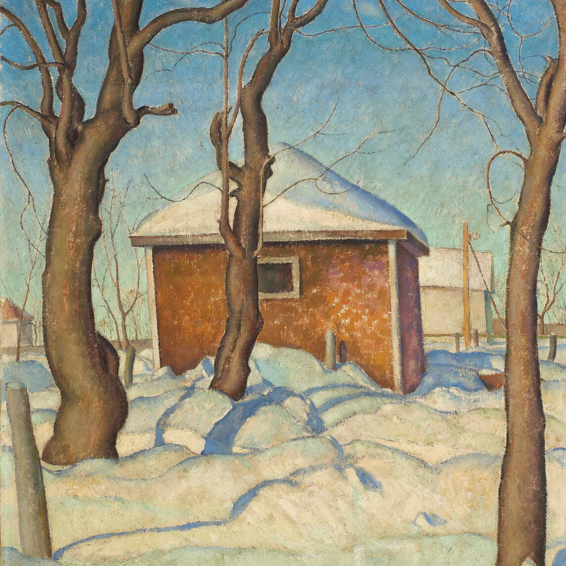 The image is a painting titled "Williamson's Garage" by Lionel LeMoine FitzGerald, created in 1927. The painting depicts a winter scene featuring a small, rustic garage with a snow-covered roof. The garage is set against a backdrop of a clear blue sky. In the foreground, there are several bare trees with twisting, leafless branches, adding a sense of depth and texture to the composition. The ground is blanketed in thick, undisturbed snow, casting soft blue shadows that contrast with the warm tones of the garage. The overall atmosphere is serene and quiet, capturing the stillness of a winter day.